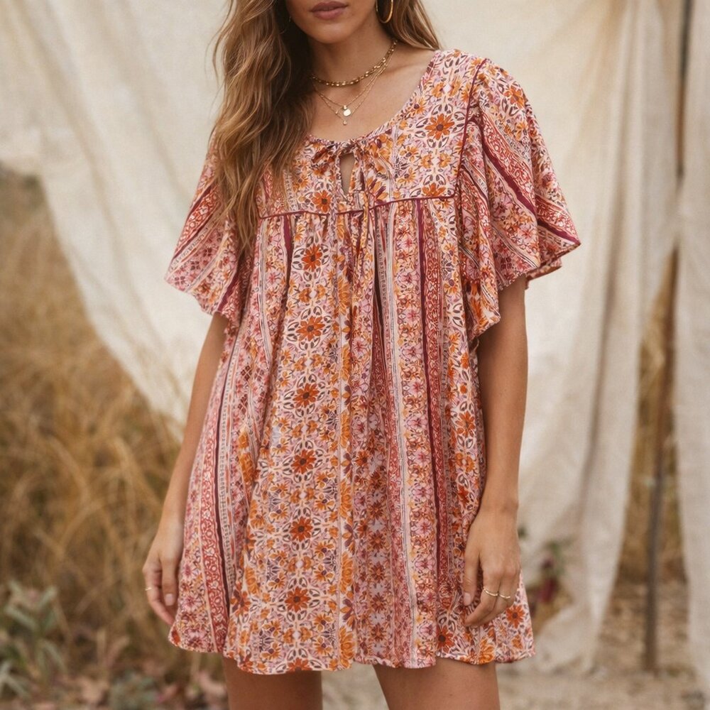 Boho Floral Mini Dress in Rust Pink